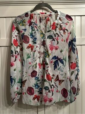 Philosophy White Floral Button-Front Long-Sleeve Blouse with Multicolor Print